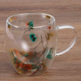 Xícara de Vidro Duplo com Flores Secas Coloridas 250Ml - Majestic