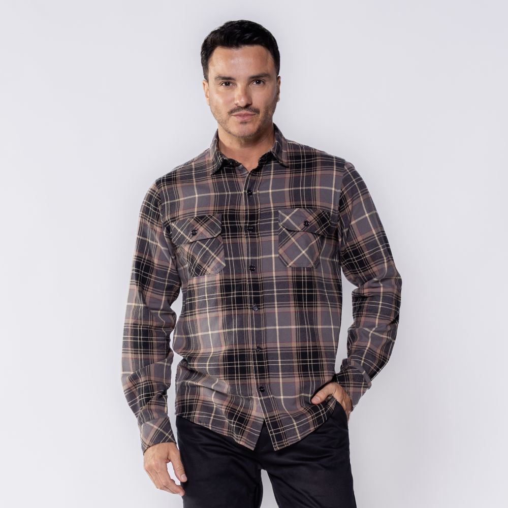 Camisa Masculina Xadrez De Flanela Com Bolso Marc Alain Cinza