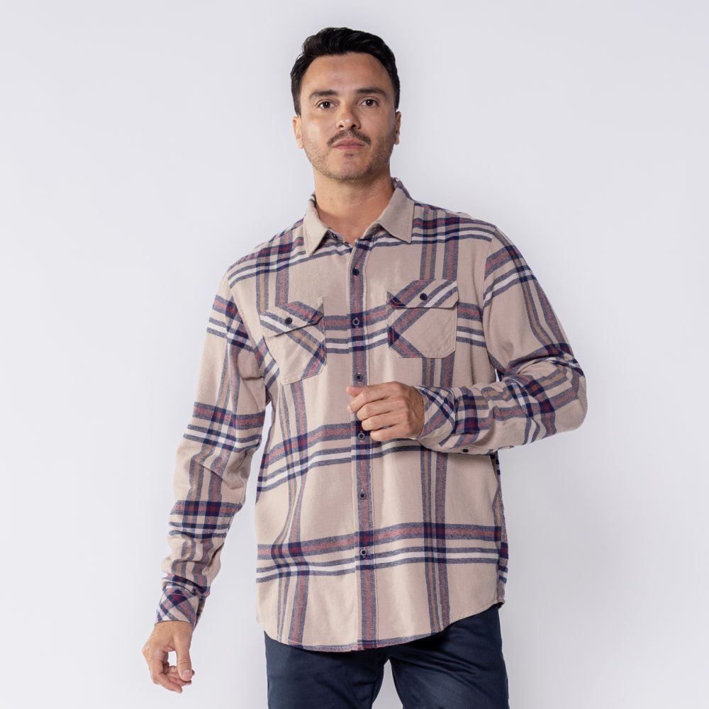 Camisa Masculina Xadrez De Flanela Marc Alain Xadrez 6 Taup/Mho
