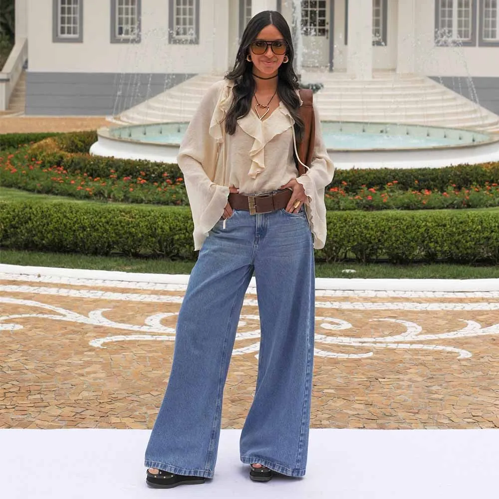 Calça Jeans Feminina Wide Leg Palazzo Com Lenço Patricia Foster