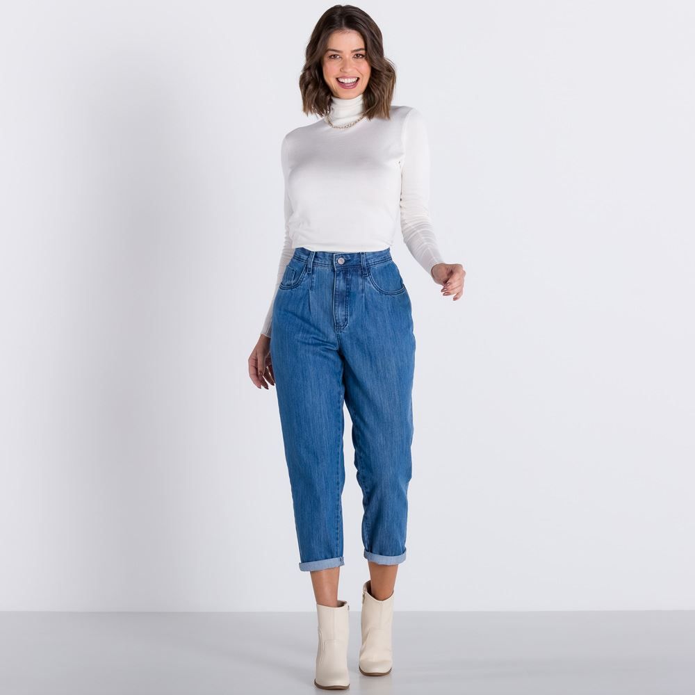 Calça Jeans Mom Básica Patrícia Foster Blue Medio Menor preço em Calça Jeans Mom Básica Patrícia Foster Blue Medio