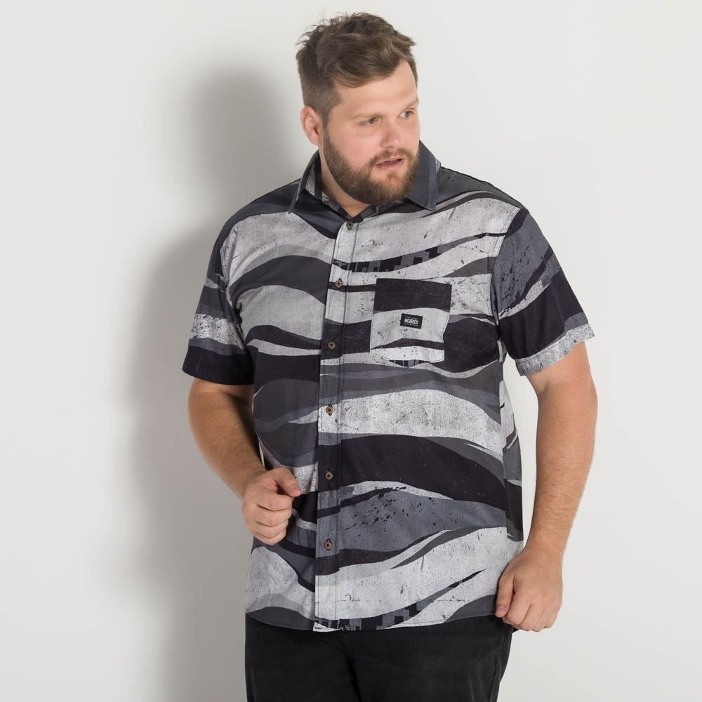 Camisa Masculina Plus Size Estampada Nicoboco Preto Cinza