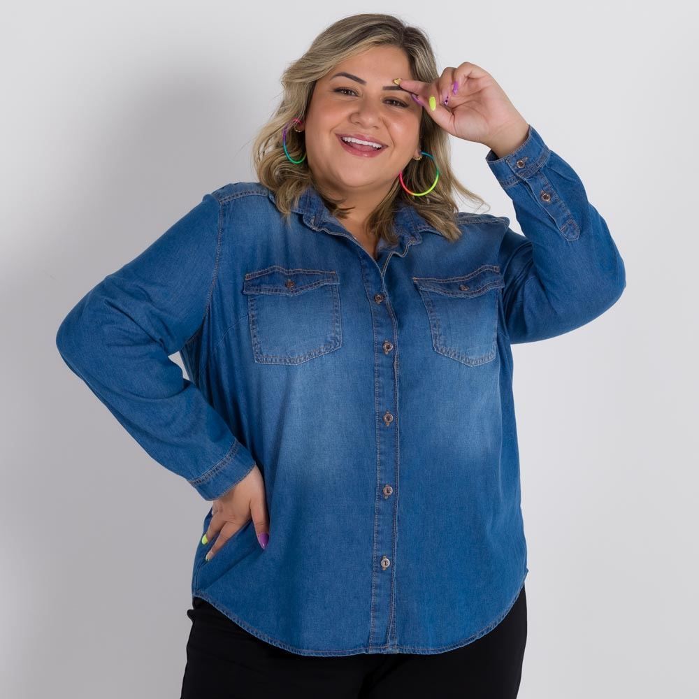 Camisa Plus Size Jeans Patr cia Foster Mais Blue Medio