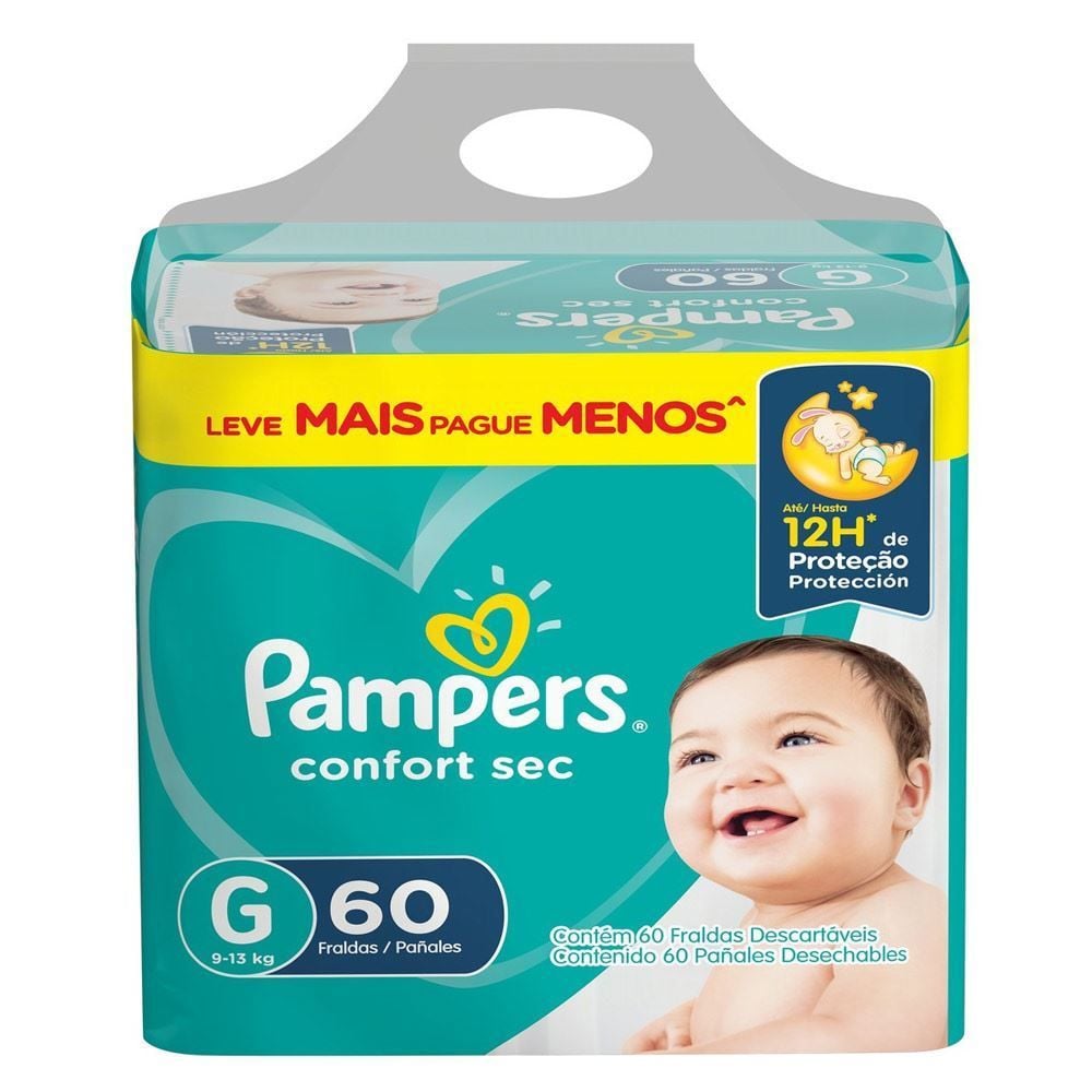 Fralda Pampers Confort Sec Fortbag Tam.G 9 A 13Kg - 60 unidades Menor preço em Fralda Pampers Confort Sec Fortbag Tam.G 9 A 13Kg - 60 unidades