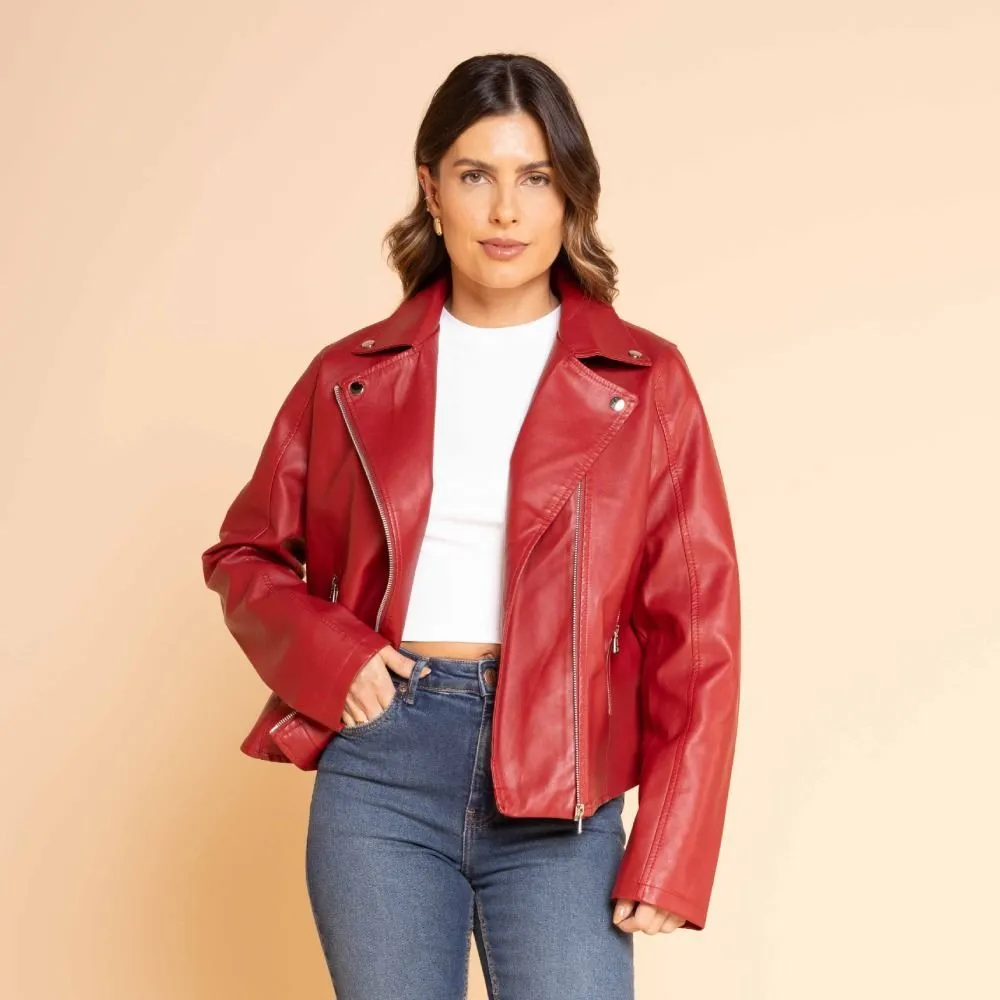 Jaqueta Biker Feminina De Couro Sintético Patricia Foster Vermelho