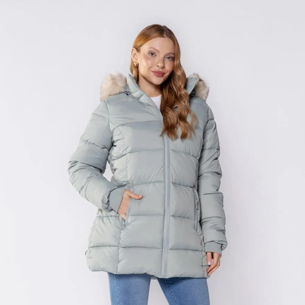 Jaqueta Feminina Alongada Com Pelo No Capuz Patricia Foster Verde Mineral - Main Image