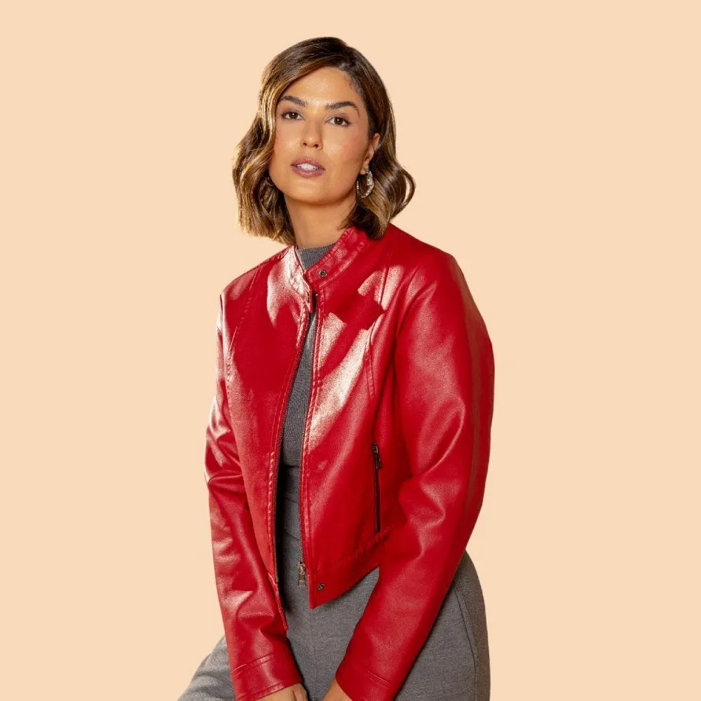Jaqueta Feminina De Couro Sintético Com Gola Redonda Boby Blues Vermelho