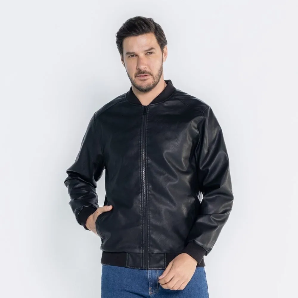 Jaqueta Masculina Bomber De Couro Sintético Marc Alain Preto