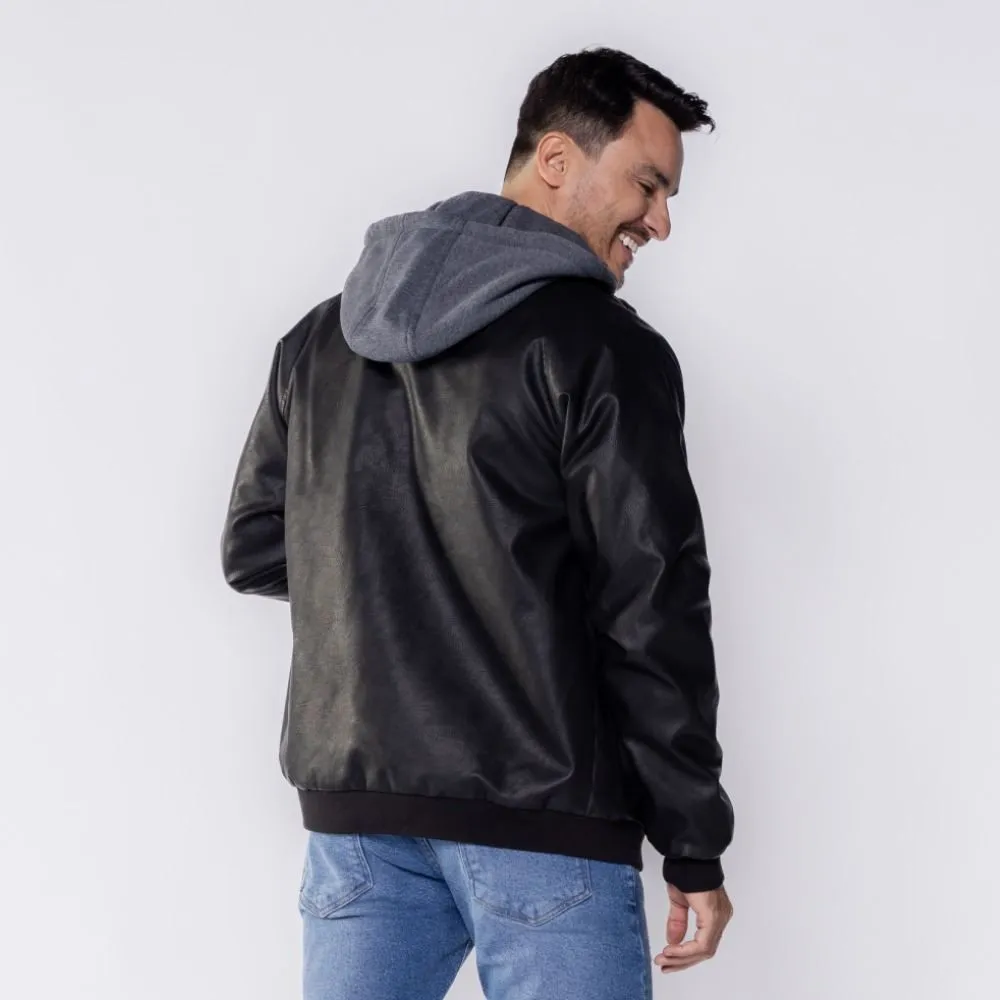 Jaqueta Masculina De Couro Sintético Com Capuz Marc Alain Preto C/Mescla