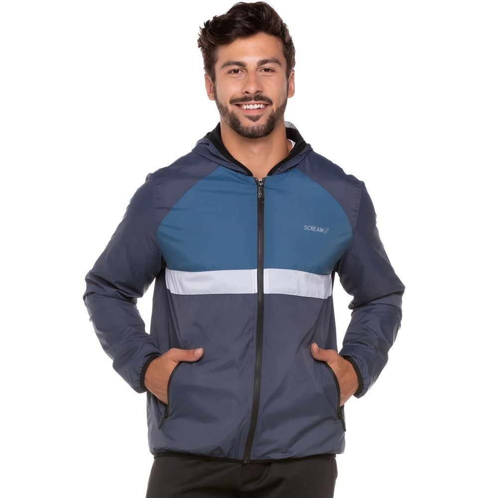 Jaqueta Quebra Vento com Recortes Scream Chumbo Azul Branco