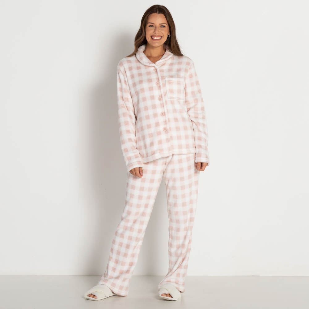 Menor preço em Pijama de Fleece Aberto Xadrez Camila Moretti Rosa Claro