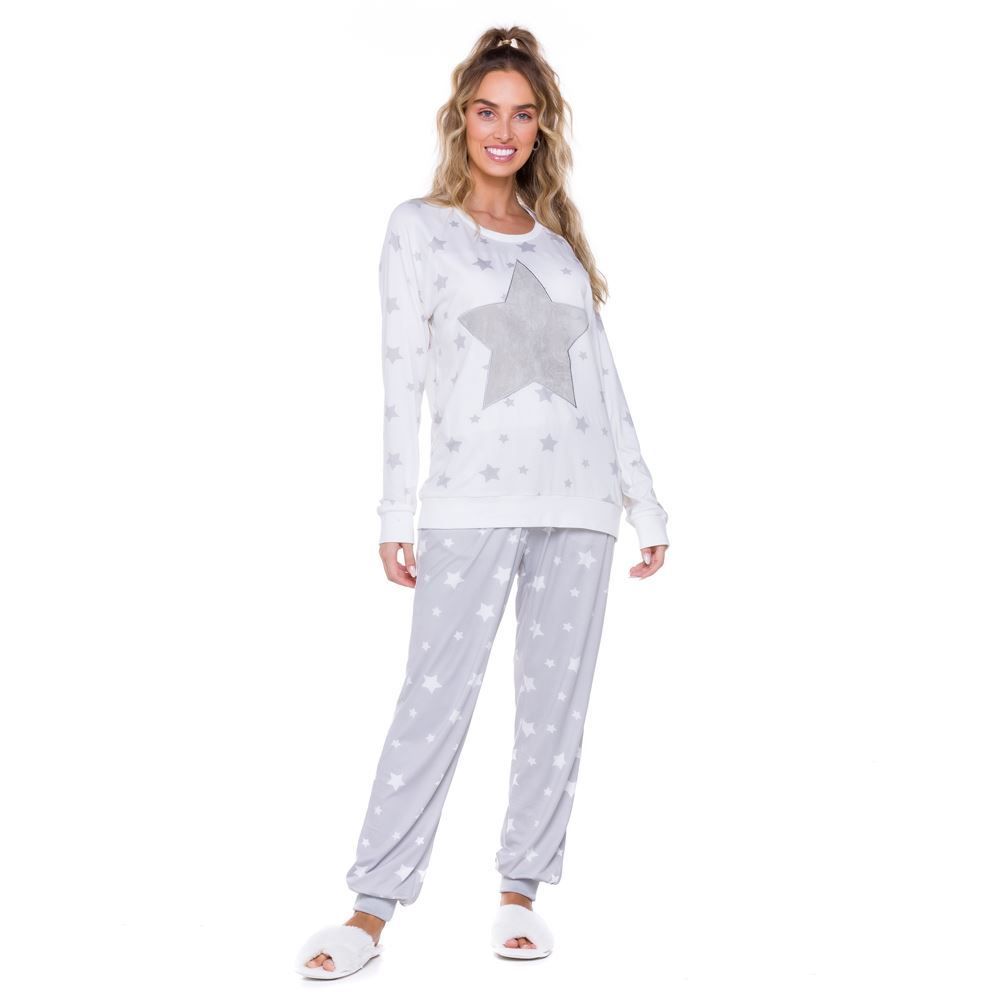 Pijama Estrelas Bordado Manga Longa Holla Off White Cinza