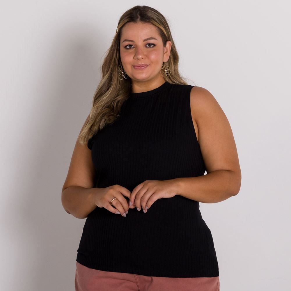 Regata Plus Size Gola Alta Canelada Patricia Foster Mais Preto