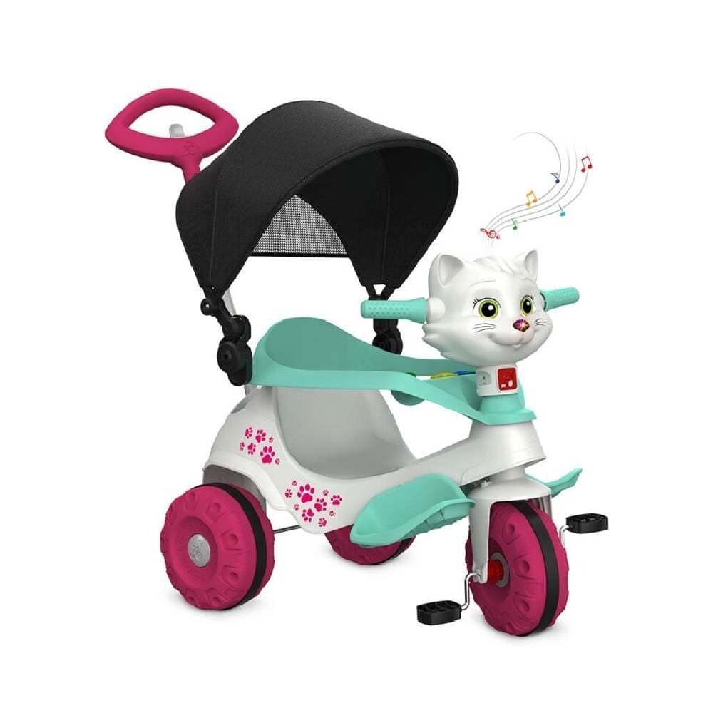 Triciclo Infantil Meninas Gatinha Som Luz 2 Em 1 Com Pedal