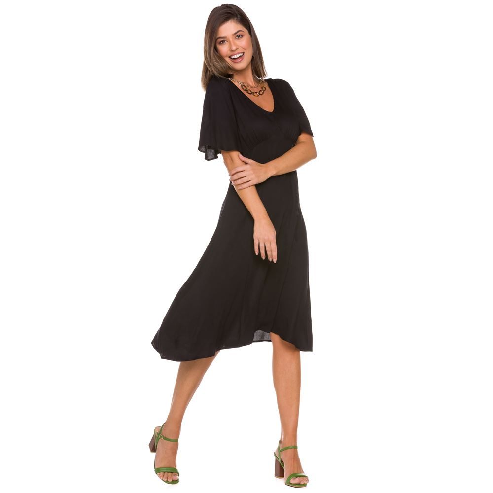 Vestido Midi Manga Fluida Patrícia Foster Preto Menor preço em Vestido Midi Manga Fluida Patrícia Foster Preto