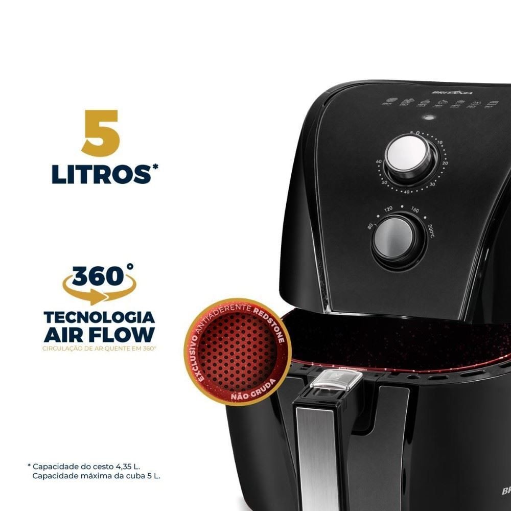 Fritadeira Air Fryer Britânia 5 Litros Cesto Quadrado Redstone 1500W BAF45B