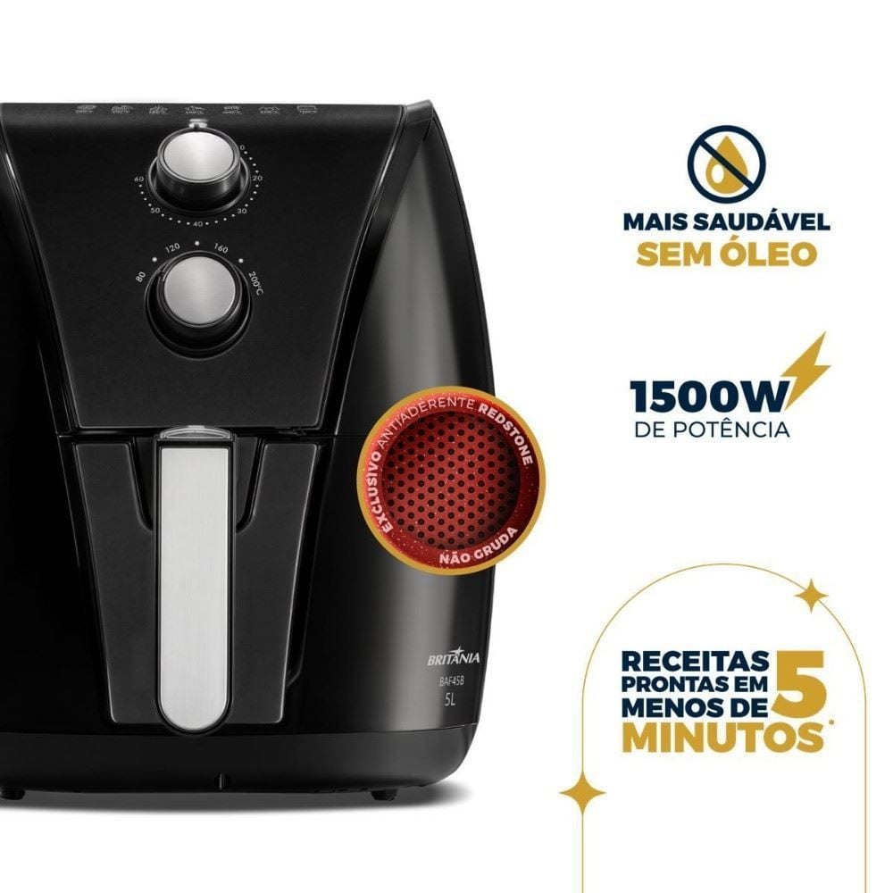 Fritadeira Air Fryer Britânia 5 Litros Cesto Quadrado Redstone 1500W BAF45B