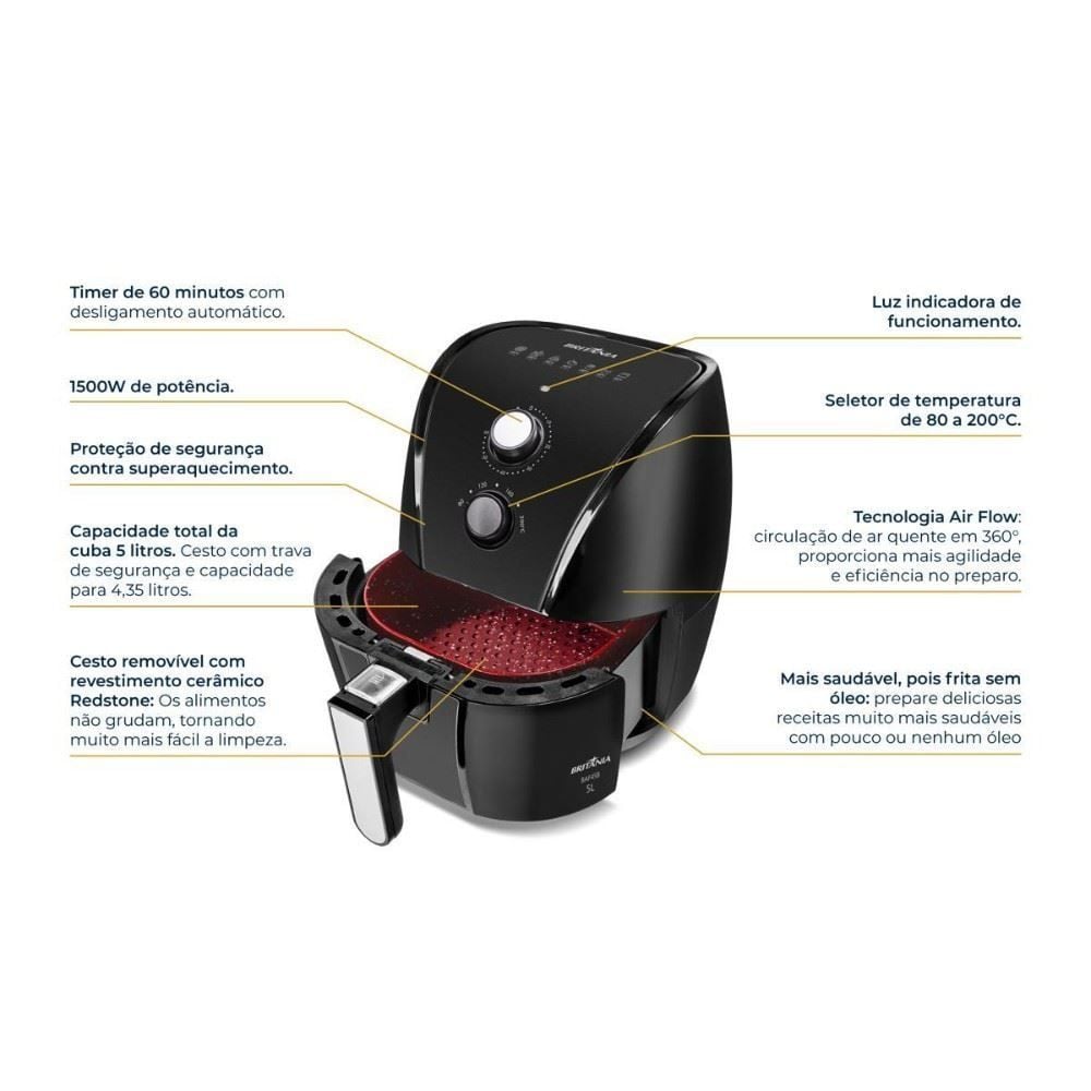 Fritadeira Air Fryer Britânia 5 Litros Cesto Quadrado Redstone 1500W BAF45B