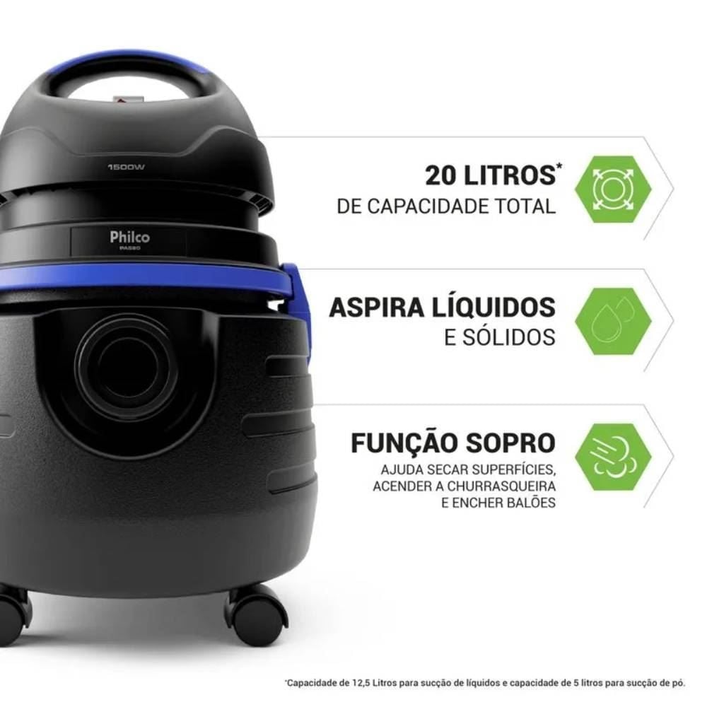 Aspirador de Pó e Água Philco 1500W 20 Litros PAS80