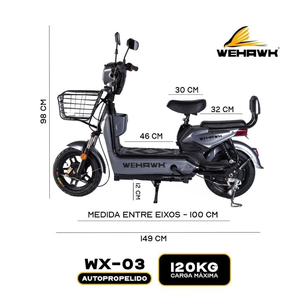Bicicleta Elétrica Wehawk Wx-03 Basket 800W Bateria 48V - Cinza