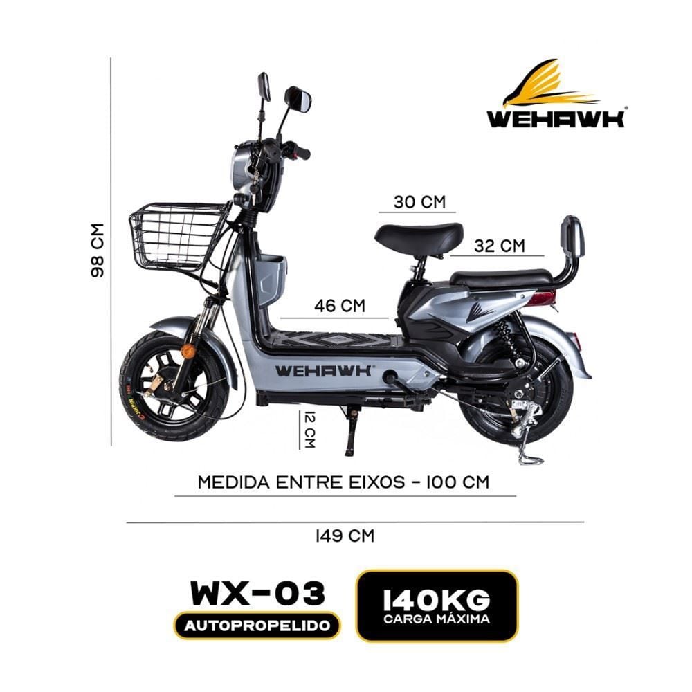 Bicicleta Elétrica Wehawk Wx-03 Basket 800W Bateria Lítio 48V - Cinza