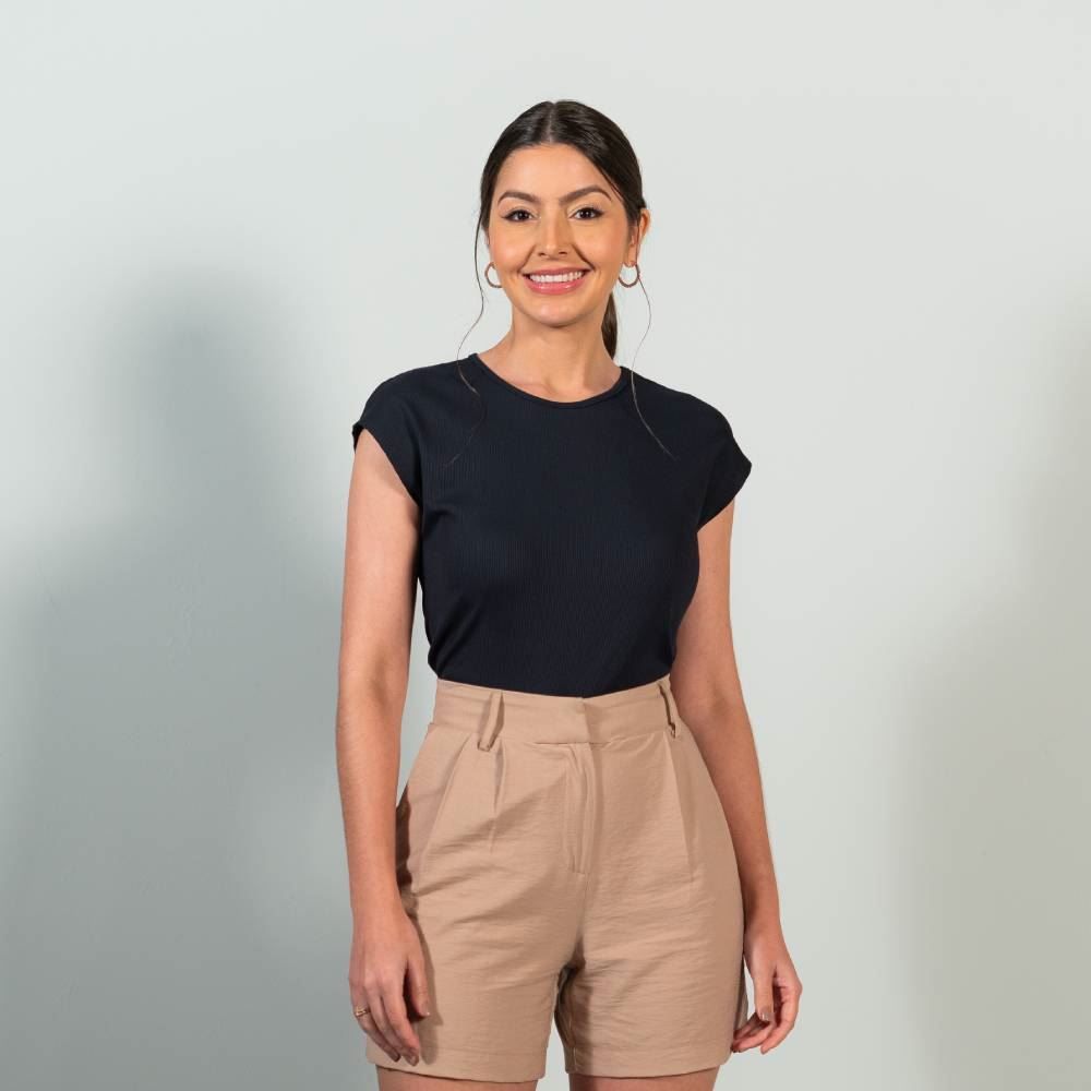 Blusa Canelada Feminina Manga Curta Poliamida