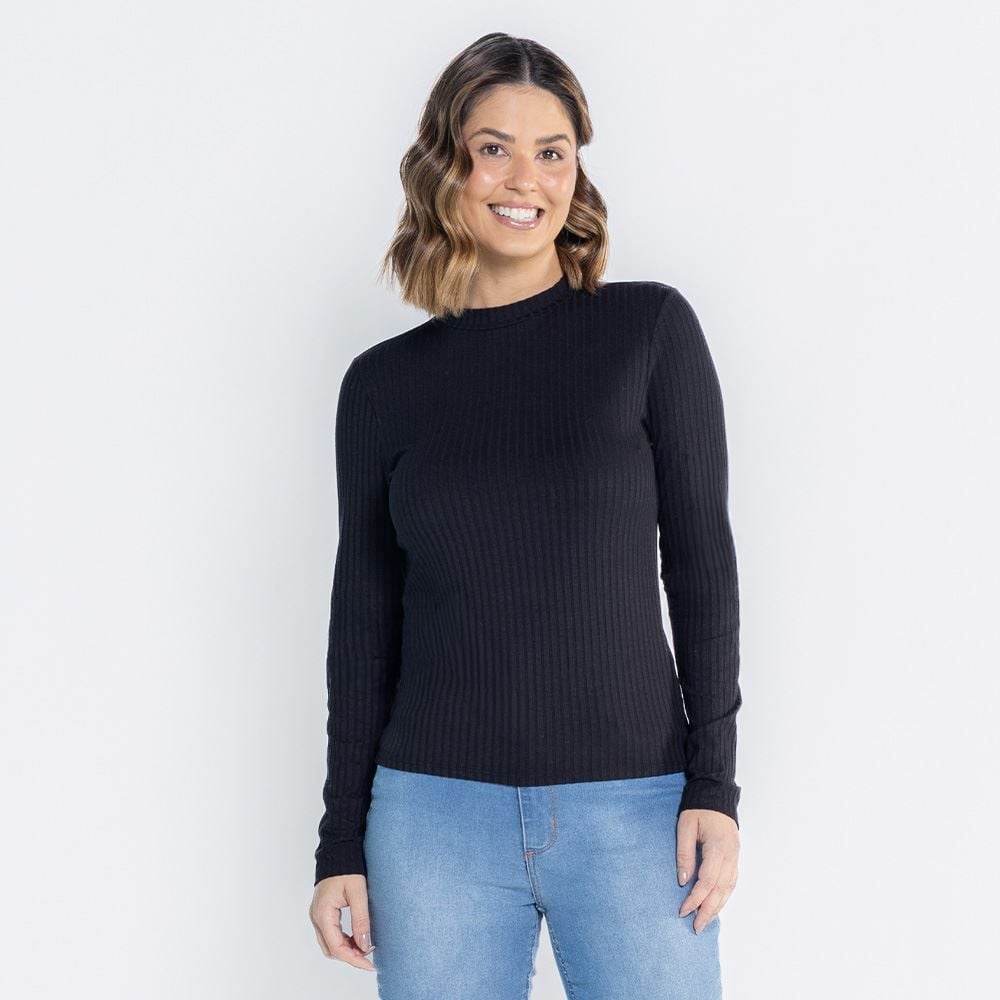 Blusa Feminina Manga Longa E Gola Alta Canelada Patricia Foster