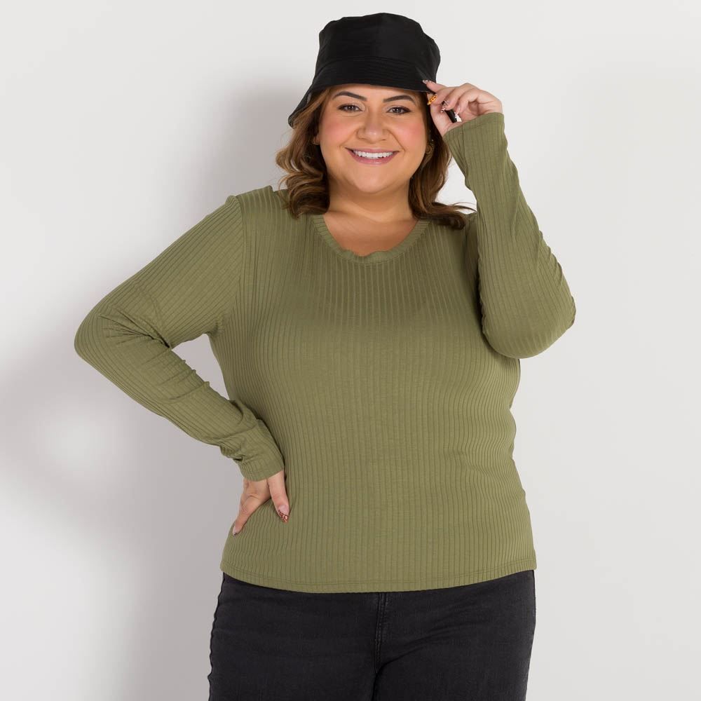 Blusa Plus Size Canelada Decote Redondo Patricia Foster Mais