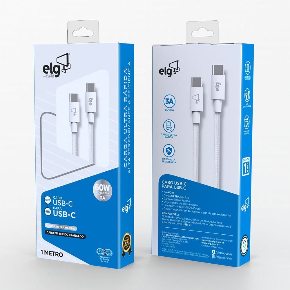 Cabo Usb Tipo-C P/ Tipo-C 60W Elg Branco 1 Metro