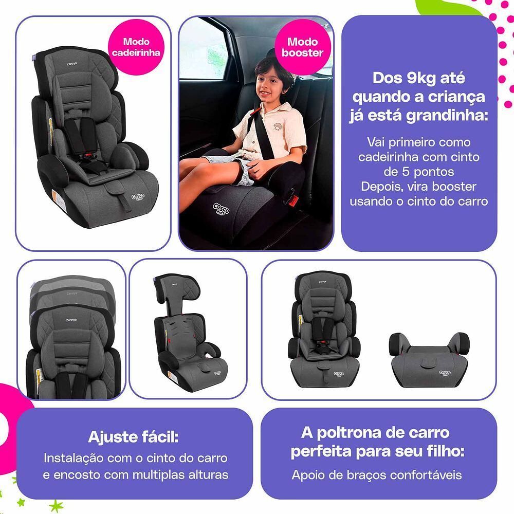 Cadeira para Carro 9 a 36Kg Zennya 2 em 1 Cosco Kids - Cinza Mescla