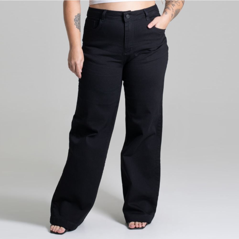 Calça Feminina Wide Leg De Sarja Sawary