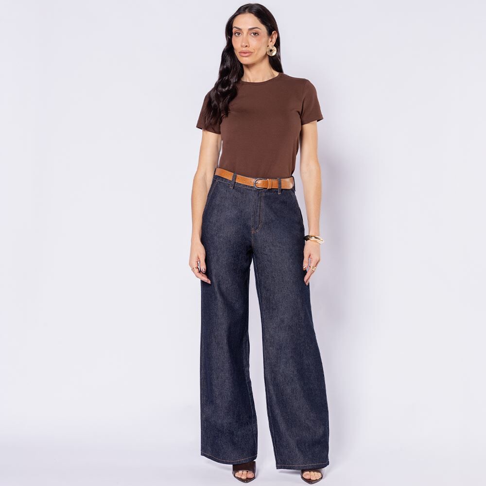 Calça Jeans Feminina Wide Leg Com Cinto Patricia Foster