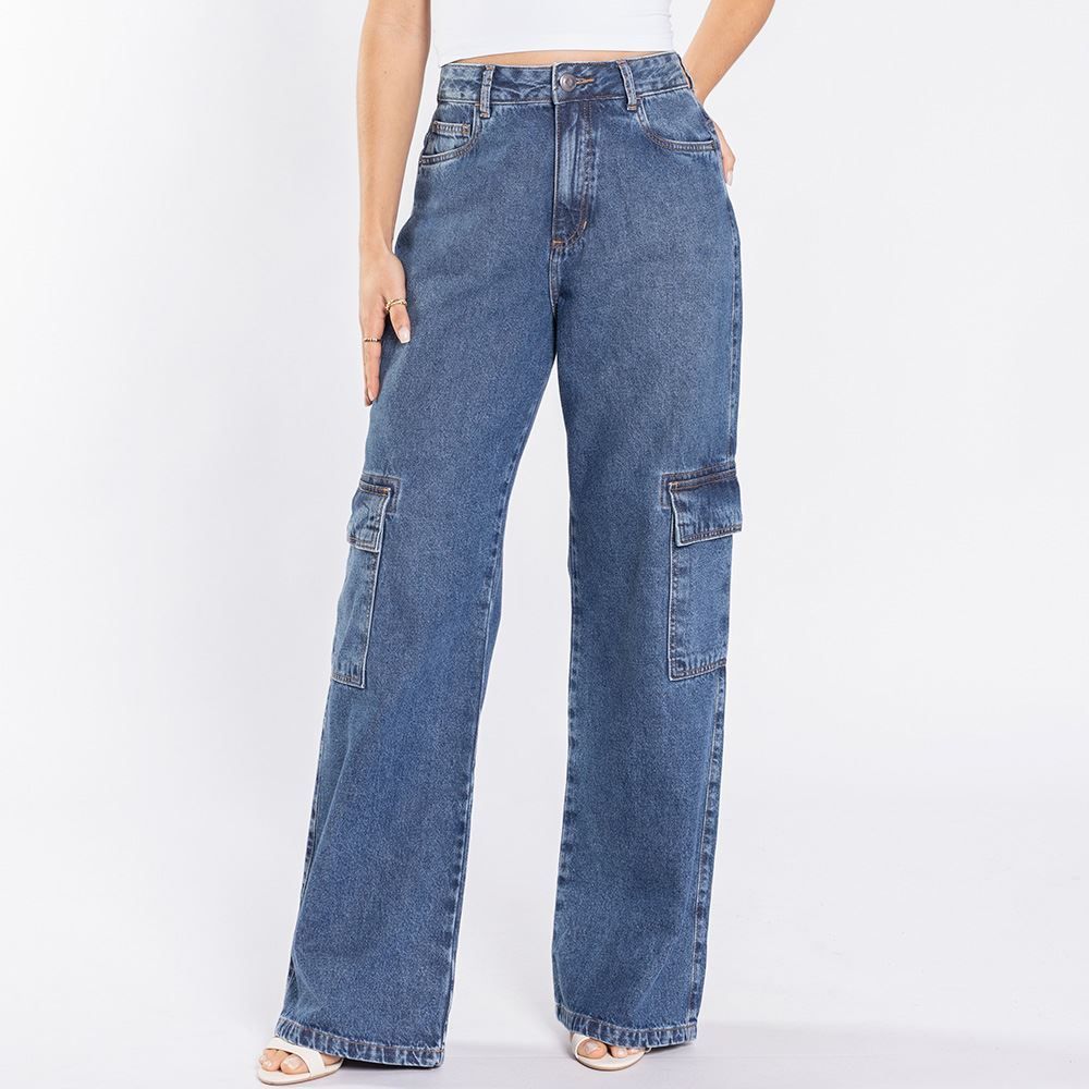 Calça Jeans Feminina Wide Leg Cargo Patricia Foster