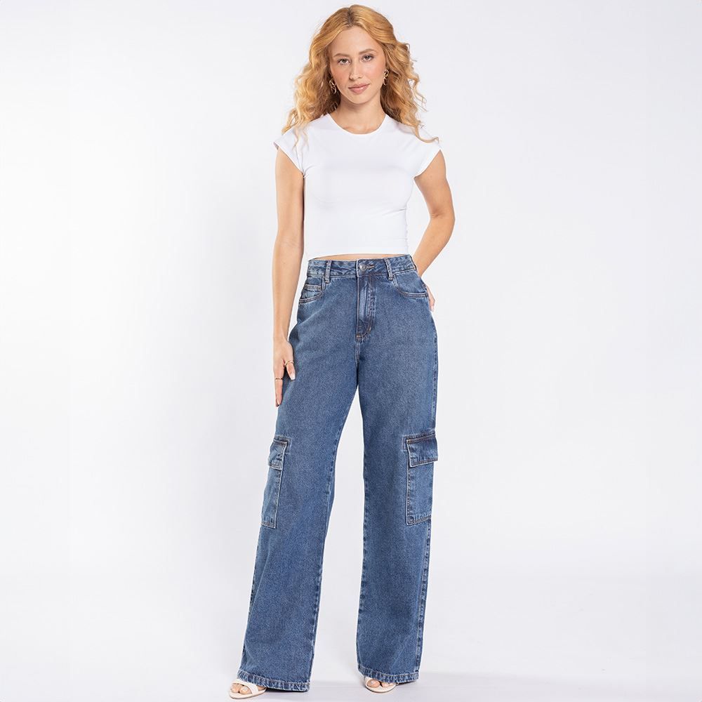Calça Jeans Feminina Wide Leg Cargo Patricia Foster