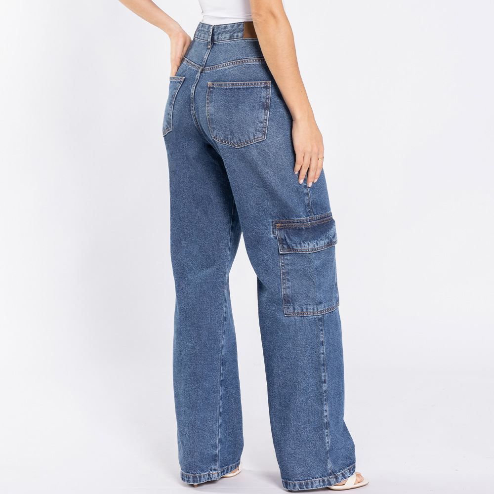 Calça Jeans Feminina Wide Leg Cargo Patricia Foster