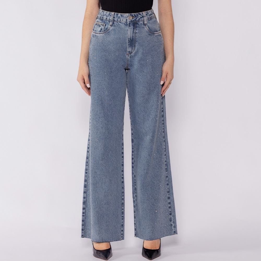 Calça Jeans Feminina Wide Leg Com Strass Boby Blues
