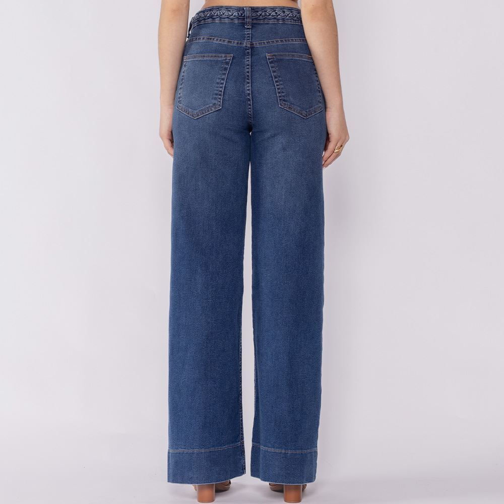Calça Jeans Feminina Wide Leg Cós Com Trança Boby Blues