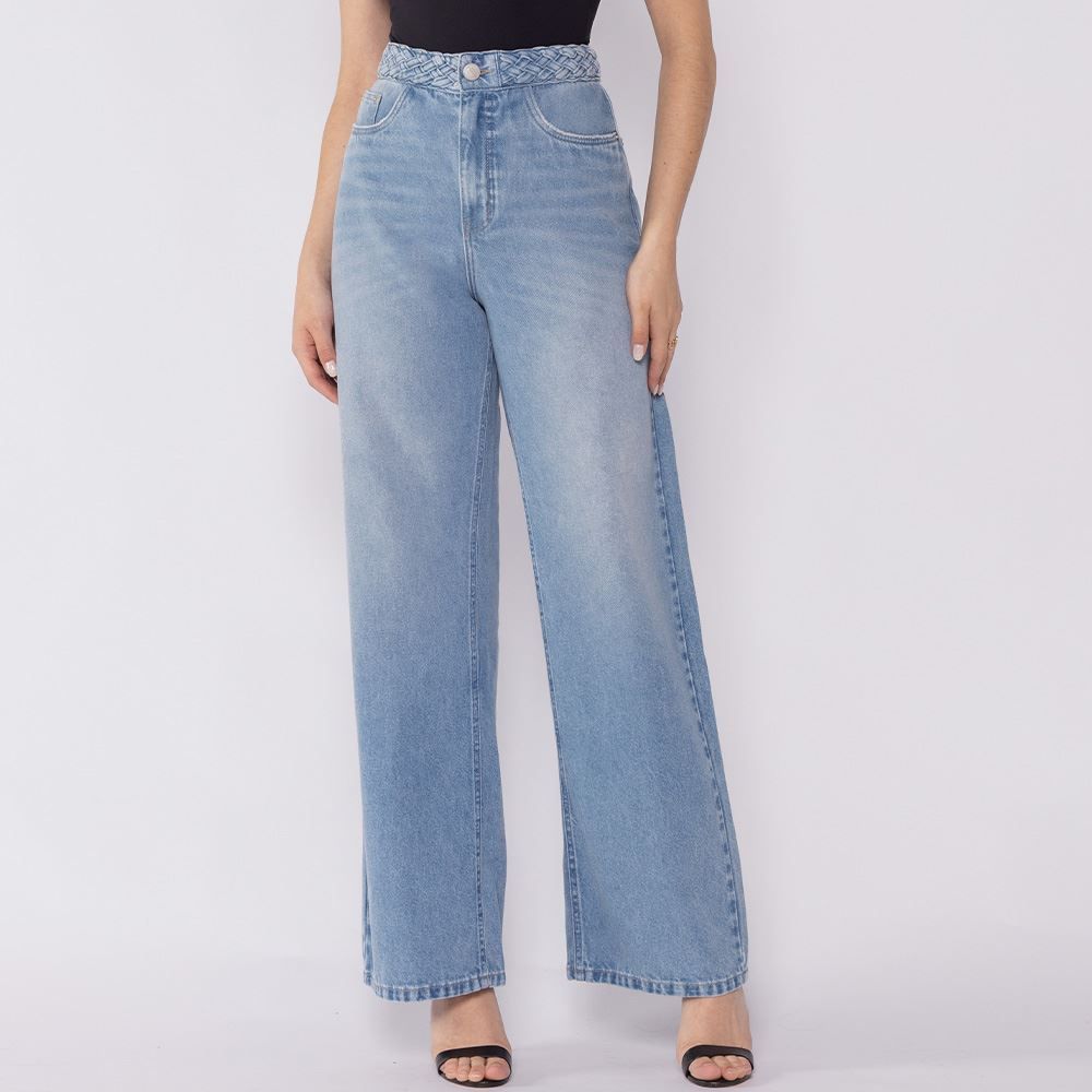Calça Jeans Feminina Wide Leg Cós Com Trança Patricia Foster