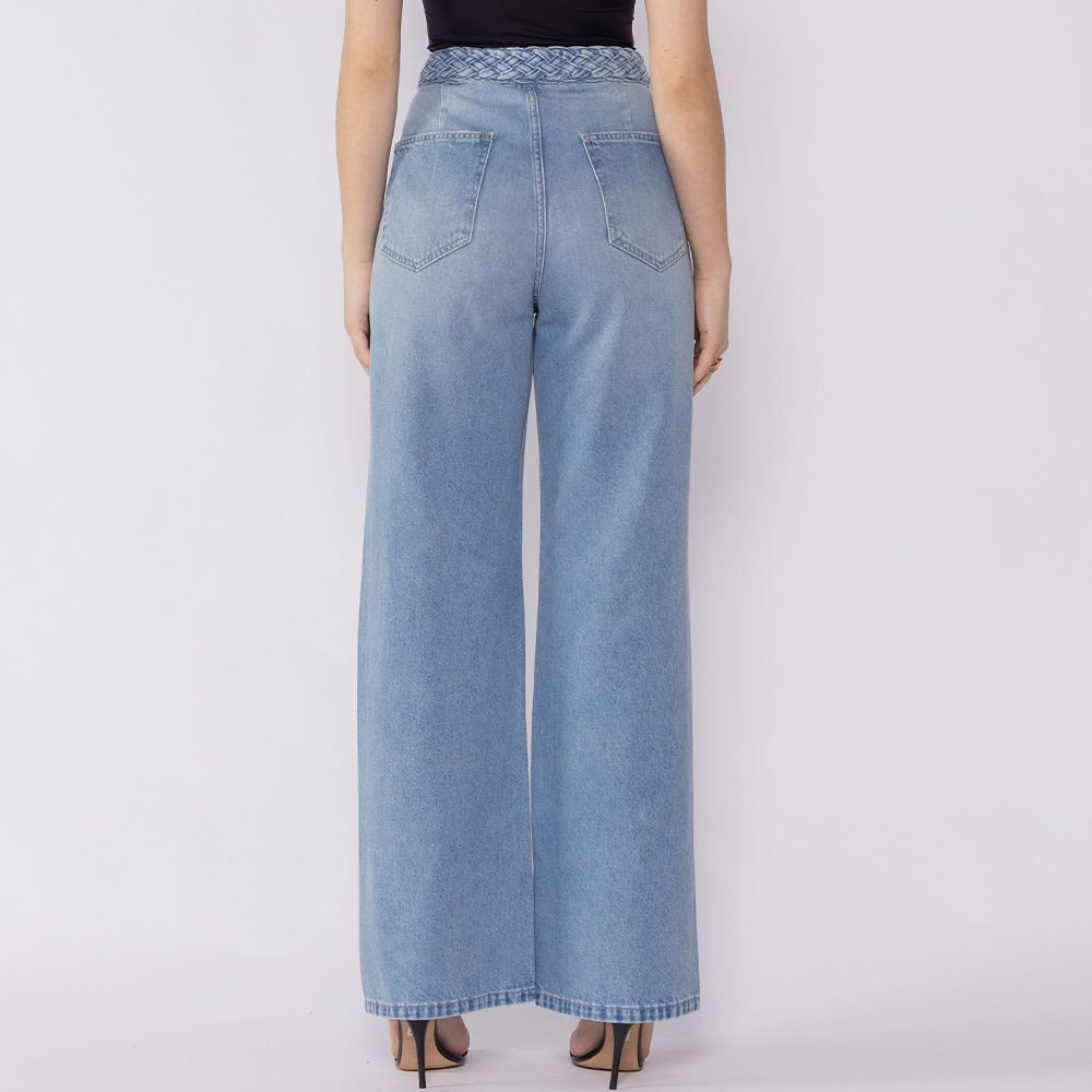 Calça Jeans Feminina Wide Leg Cós Com Trança Patricia Foster