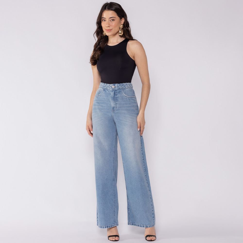 Calça Jeans Feminina Wide Leg Cós Com Trança Patricia Foster