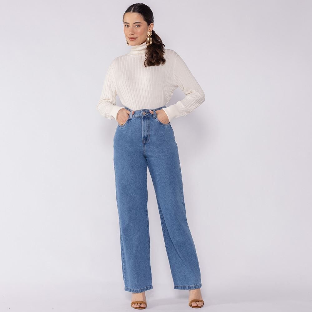 Calça Jeans Feminina Wide Leg Reta Patricia Foster