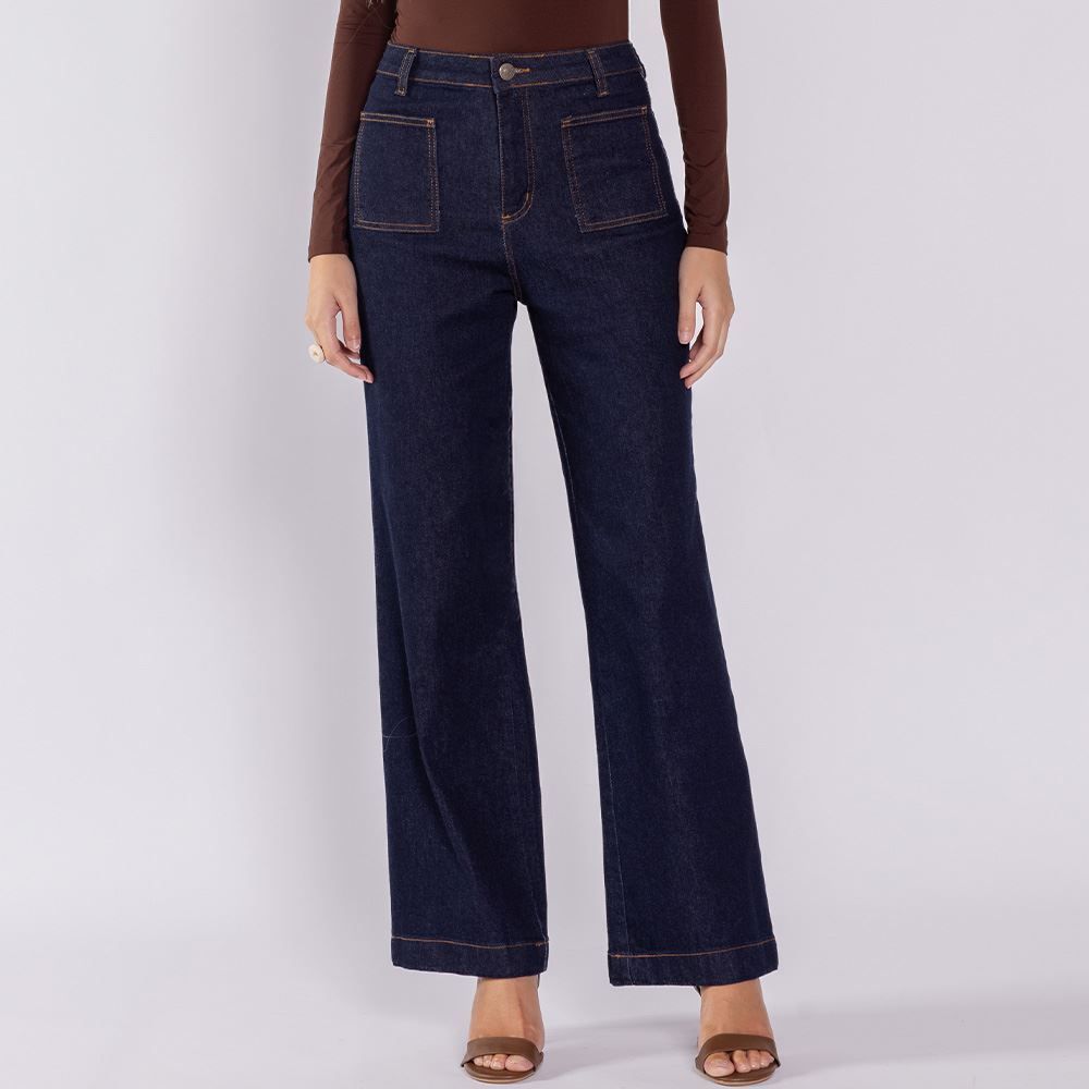 Calça Jeans Wide Leg Feminina Com Bolso Frontal Sawary