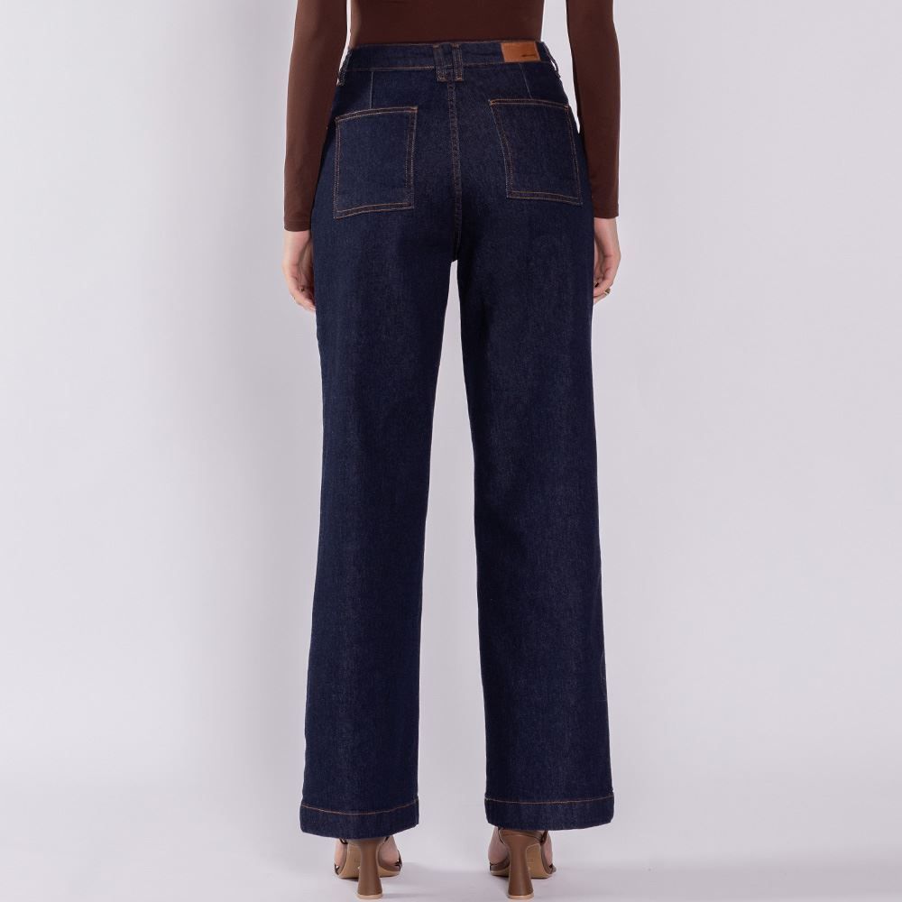 Calça Jeans Wide Leg Feminina Com Bolso Frontal Sawary