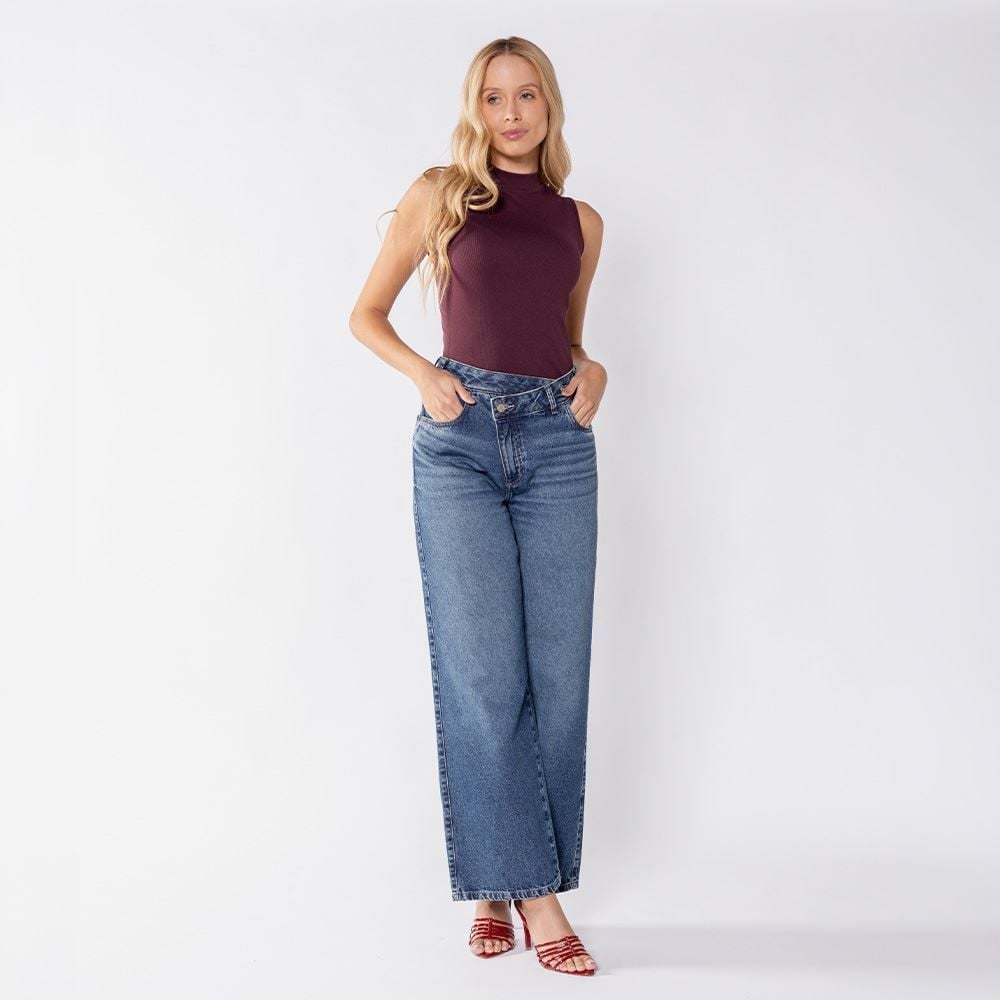 Calça Jeans Wide Leg Feminina Cós Deslocado Boby Blues