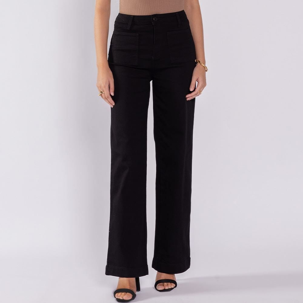 Calça Wide Leg Feminina Com Bolso Frontal Sawary