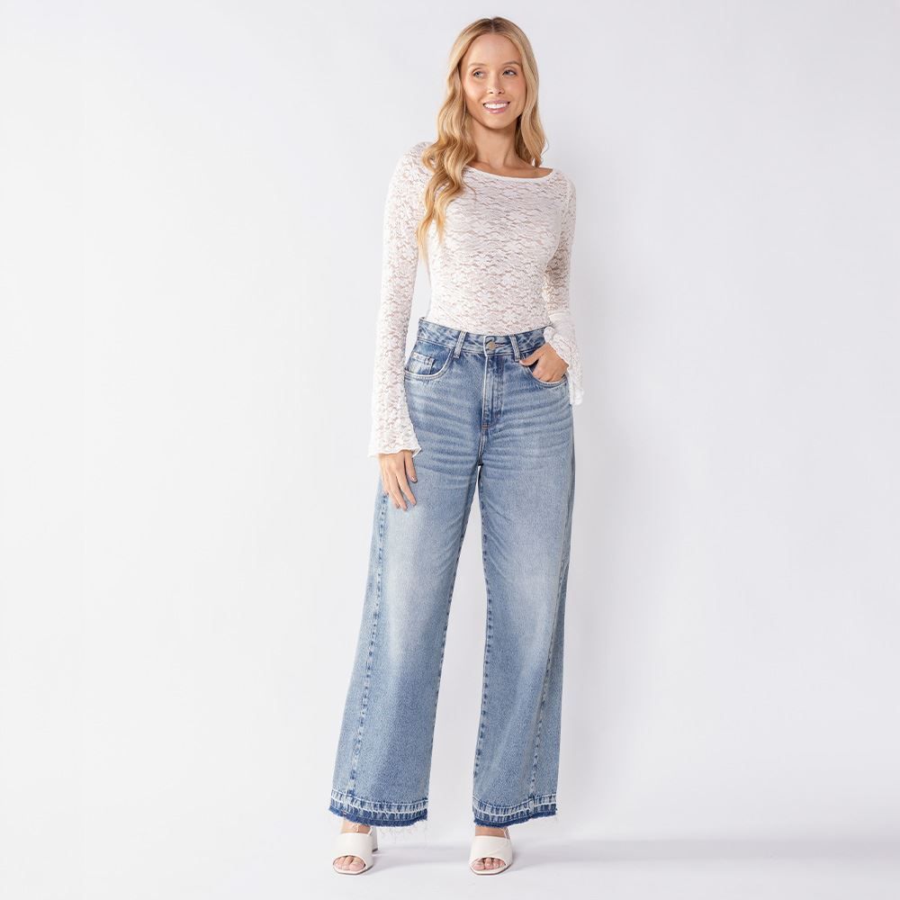 Calça Wide Leg Jeans Barra Desfiada Boby Blues