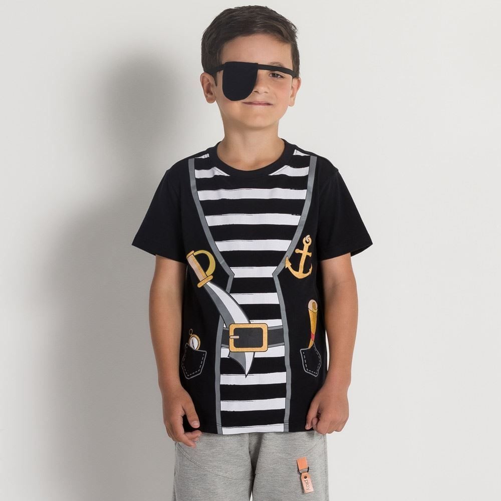 Camiseta 4 a 10 anos Malha Pirata Tapa Olho Hot Dog