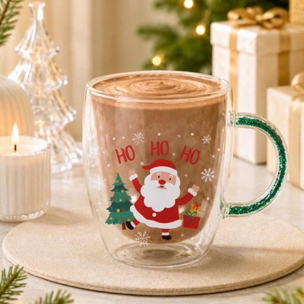 Caneca de Vidro Parede Dupla Papel Noel 350Ml Allmix - Transparente