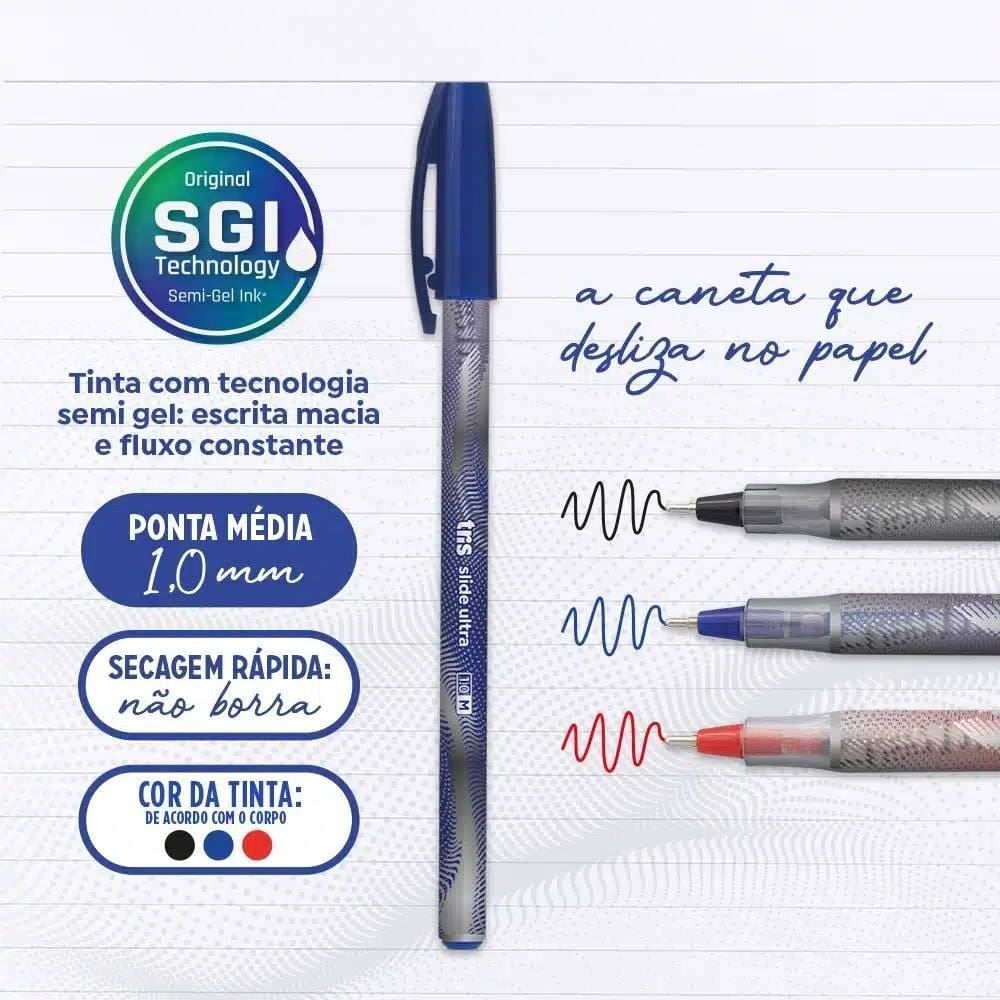 Caneta Esferográfica Slide Ultra Cores Clássicas - 3 Unidades