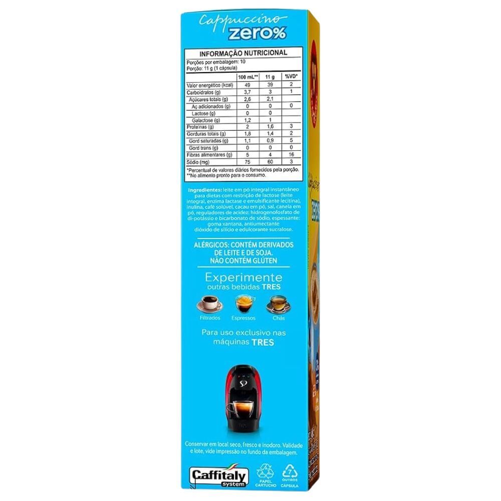 Cápsulas de Cappuccino Zero Lactose Tres Corações 110G - 10 Cápsulas